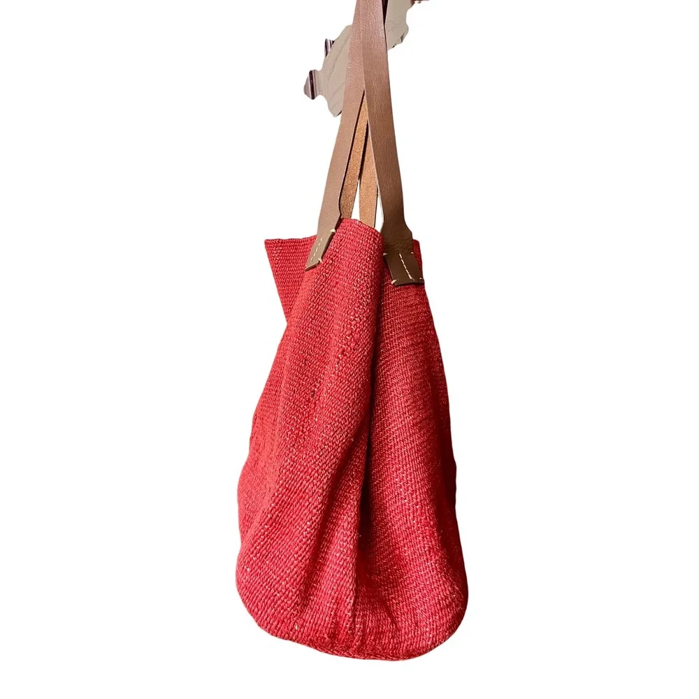 J JILL Jute Woven Leather Tote Bag Red Straw Tassel Boho Beach Summer Vacation